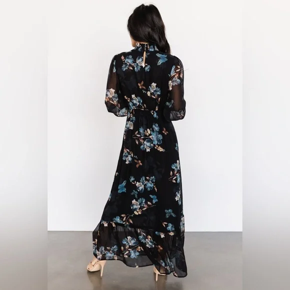 Baltic Born Luciana Floral High Neck Long Sleeve Maxi Dress Black Blue Sz Large - Picture 5 of 15